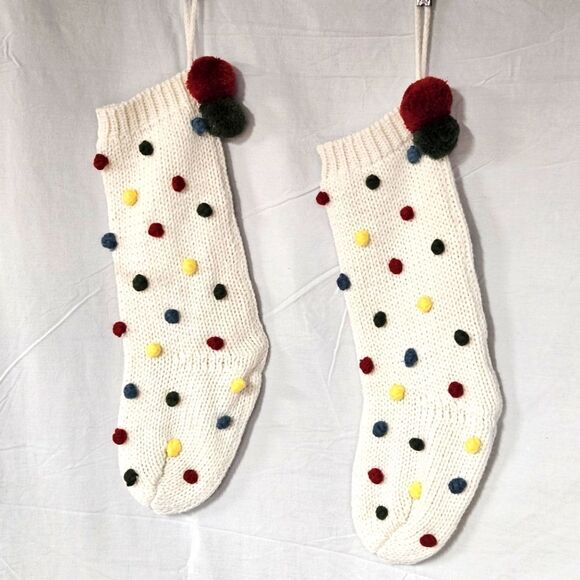 Rachel Zoe Set of 2 Multicolored Pom Pom Knit Christmas Stockings - Picture 1 of 11